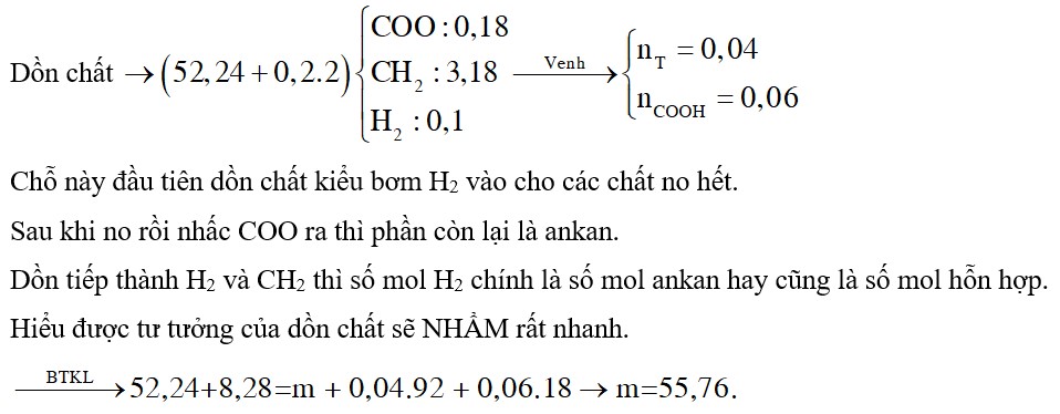 Hỗn hợp E chứa ba axit béo X, Y, Z và chất béo T được tạo ra từ X, Y, Z và glixerol. Đốt cháy hoàn toàn 52,24 gam E