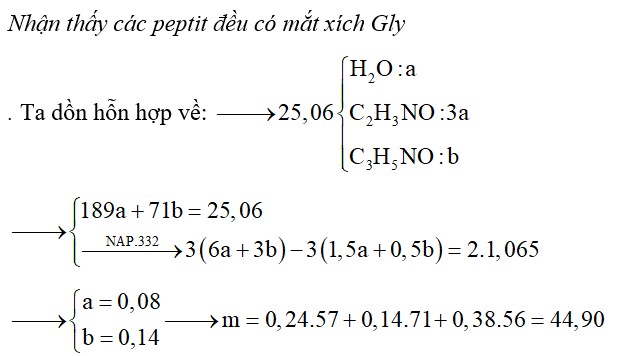 Đốt cháy hoàn toàn 25,06 gam hỗn hợp peptit gồm Gly3Ala1, Gly3Ala2 và Gly3Ala3 cần vừa đủ