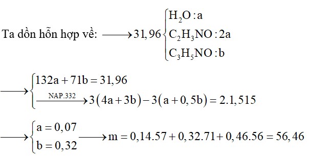 Đốt cháy hoàn toàn 31,96 gam hỗn hợp peptit gồm Gly2Ala4, Gly2Ala5 và Gly2Ala6 cần vừa đủ