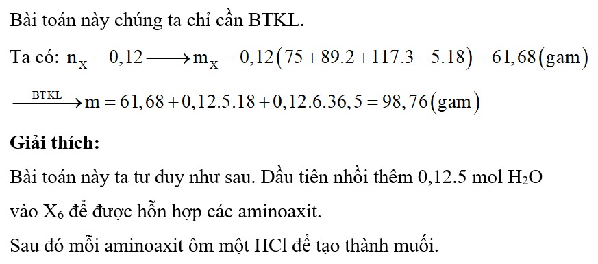 Thủy phân hoàn toàn 0,12 mol peptit X có công thức Gly-(Ala)2-(Val)3 trong HCl dư