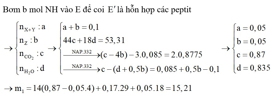 Hỗn hợp 0,1 mol E chứa este Z có công thức CH3COOC2H5 và m1 gam hai peptit X, Y (đều hở, tạo bởi Ala và Val)
