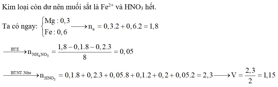 Cho hỗn hợp A gồm 0,3 mol Mg, 0,7 mol Fe phản ứng với V lít HNO3 2M