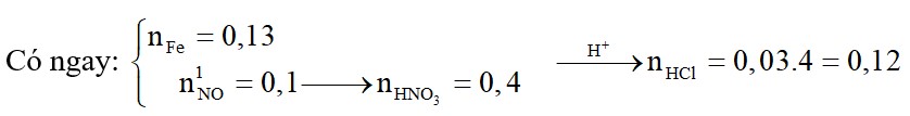 Hòa tan hoàn toàn 7,28 gam Fe trong HNO3 thu được 2,24 lít (đktc) và dung dịch X. Cho dung dịch HCl loãng