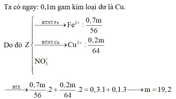 Cho m gam hỗn hợp X chứa Fe, Cu có tỉ lệ khối lượng 7:3 tác dụng với dung dịch HNO3