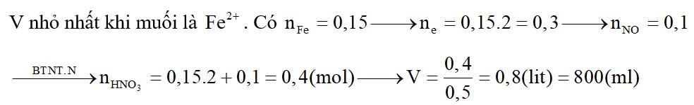 Hòa tan hoàn toàn 8,4 gam Fe cần V ml dung dịch HNO3 0,5M thu được khí NO