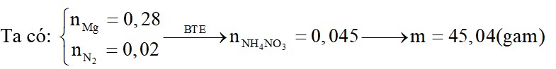 Cho 6,72 gam Mg vào dung dịch HNO3 loãng dư thu được dung dịch X chứa m gam muối và 0,02 mol khí N2