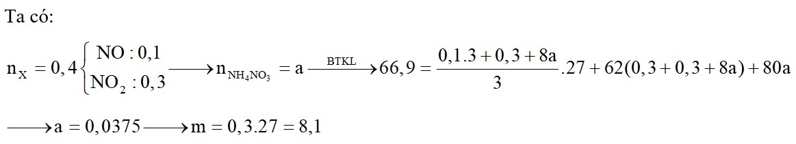 Hòa tan m gam Al bằng dung dịch HNO3 vừa đủ thì 8,96 lít (đktc) hỗn hợp X gồm NO và NO2