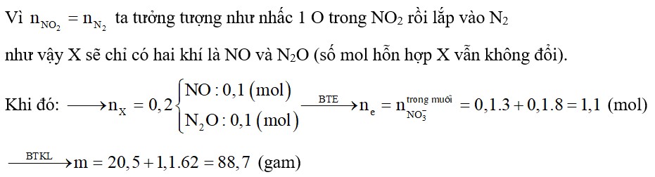 Hòa tan hết 20,5 gam hỗn hợp Mg, Al, Zn trong dung dịch HNO3 thu được 4,48 lít hỗn hợp khí X gồm NO2