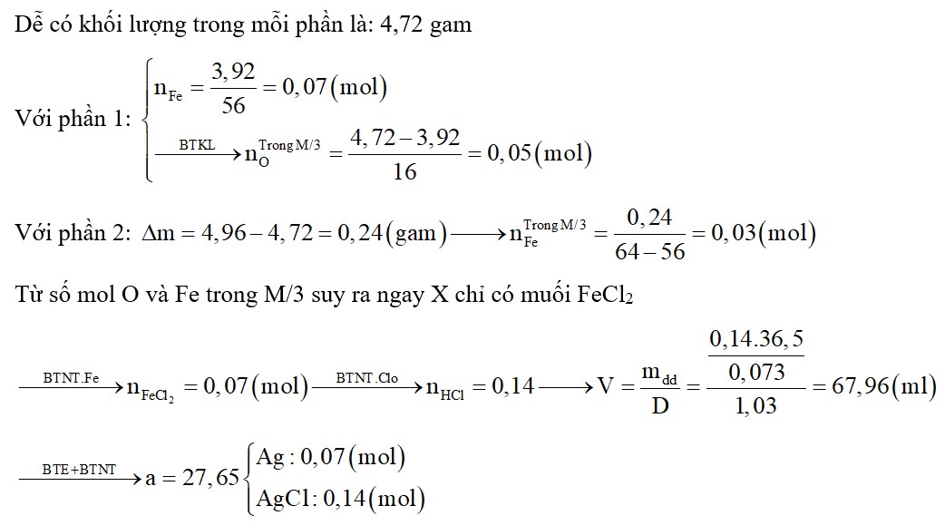 Hỗn hợp M gồm Fe, FeO, Fe2O3 nặng 14,16 gam. Chia thành 3 phần đều nhau. Cho dòng khí H2 (dư) đi qua phần 1