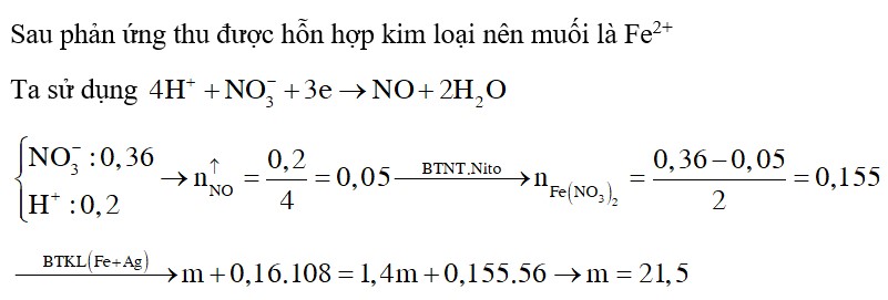 Cho m gam bột Fe vào 800 ml dung dịch hỗn hợp gồm AgNO3 0,2M và HNO3 0,25M. Sau khi các phản ứng xảy ra hoàn toàn, thu được 1,4m gam hỗn hợp kim loại và V lít khí NO (duy nhất, ở đktc). Giá trị của m và V lần lượt là  A. 21,5 và 1,12 B. 8,60 và 1,12 C. 28,73 và 2,24 D. 25 và và 1,12