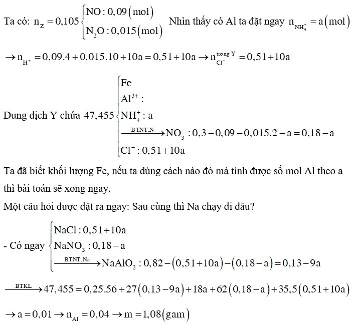 Cho 0,1 mol Fe; 0,15 mol Fe(NO3)2 và m gam Al tan hết trong dung dịch HCl. Sau phản ứng thu được