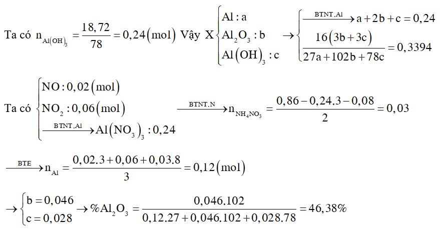 Hòa tan hết một lượng rắn X gồm Al, Al2O3 và Al(OH)3 (trong đó oxi chiếm 33,94% về khối lượng)
