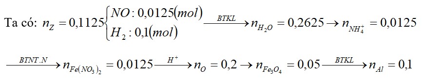 Cho 16,55 gam hỗn hợp X gồm Fe3O4, Fe(NO3)2 và Al tan hoàn toàn trong dung dịch chứa 0,775 mol KHSO4 loãng
