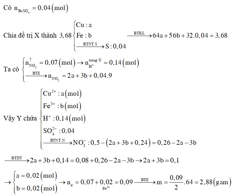 Cho 3,68 gam hỗn hợp X gồm Cu2S, CuS, FeS2 và FeS tác dụng hết với 0,5 mol HNO3 đun nóng thu được