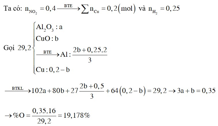 Cho 29,2 gam hỗn hợp X gồm Al2O3, CuO, Al, Cu vào trong dung dịch HCl dư thu được 5,6 lít khí H2 (đktc)