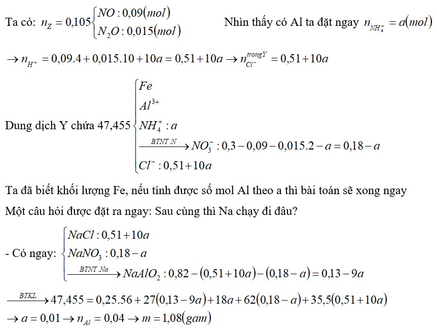 Cho 0,1 mol Fe; 0,15 mol Fe(NO3)2 và m gam Al tan hết trong dung dịch HCl. Sau phản ứng thu được