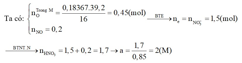 Cho 39,2 gam hỗn hợp M gồm Fe, FeO, Fe3O4, Fe2O3, CuO và Cu (trong đó oxi chiếm 18,367% về khối lượng)