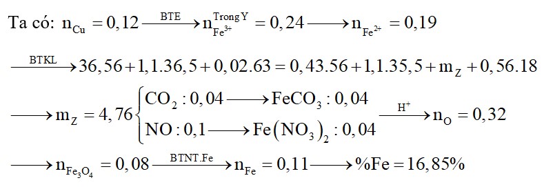 Hòa tan hết 36,56 gam hỗn hợp X gồm Fe, FeCO3, Fe3O4 và Fe(NO3)2 trong dung dịch chứa 1,1 mol HCl