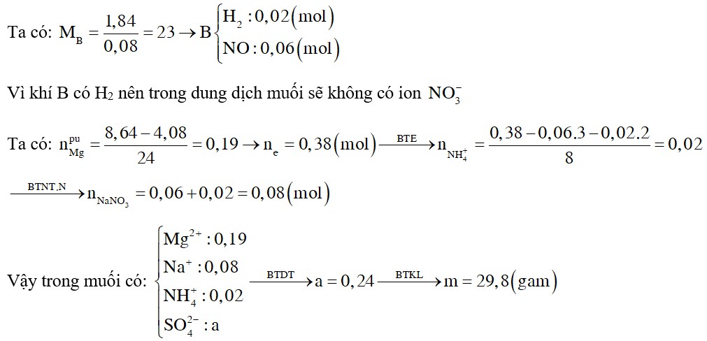 Cho 8,64 gam Mg vào dung dịch hỗn hợp NaNO3 và H2SO4 đun nhẹ đến khi phản ứng xảy ra hoàn toàn