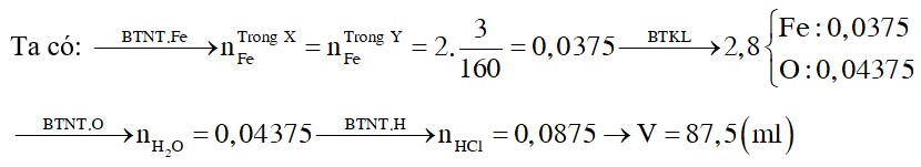 Hoà tan hoàn toàn 2,8 gam hỗn hợp FeO, Fe2O3, Fe3O4 cần vừa đủ V ml dung dịch HCl 1M