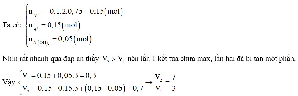 Dung dịch X gồm Al2(SO4)3 0,75M và H2SO4 0,75M. Cho V1 ml dung dịch KOH 1M vào