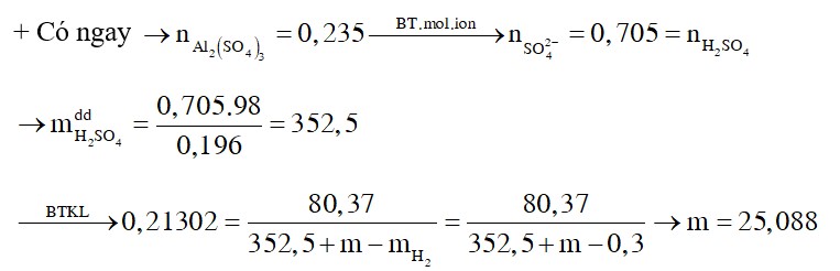 Cho m gam hỗn hợp Al, Al2O3, Al(OH)3 tác dụng với dung dịch H2SO4 19,6%