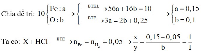 Hòa tan 10 gam hỗn hợp X gồm Fe và FexOy bằng HCl thu được 1,12 lít khí H2 (đktc)