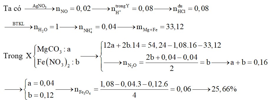 Hòa tan 54,24 g hỗn hợp X gồm Mg, Fe3O4, MgCO3, Fe(NO3)2 (trong đó oxi chiếm 31,858% khối lượng)