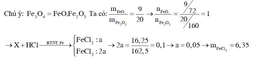 Hoà tan hoàn toàn một hỗn hợp gồm FeO, Fe2O3 và Fe3O4 (trong đó tỉ lệ khối lượng của FeO và Fe2O3 bằng 9:20)