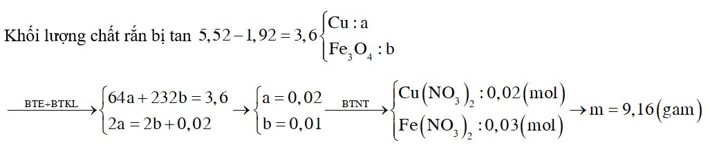 Cho 5,52 gam hỗn hợp X gồm CuO, Fe3O4 tác dụng với dung dịch HNO3 đặc