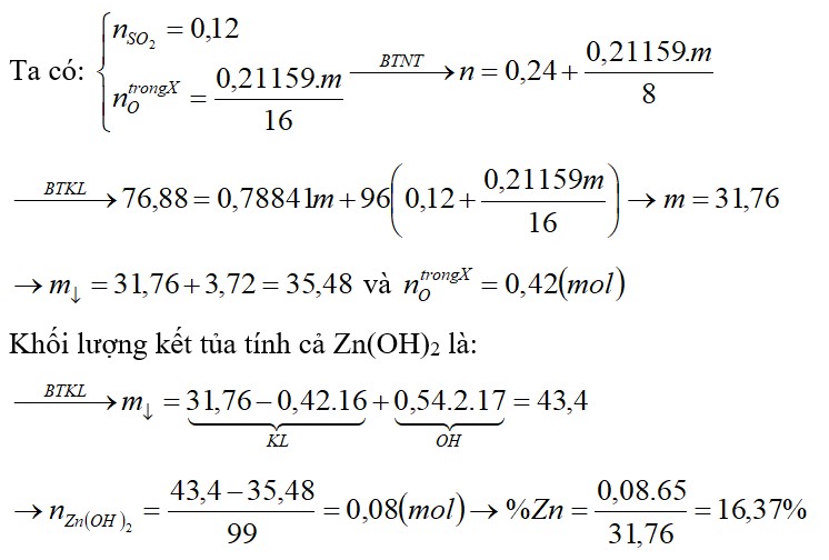 Cho m gam hỗn hợp X gồm Fe2O3, CuO, Zn, Mg (trong đó oxi chiếm 21,159% khối lượng hỗn hợp)