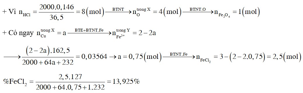 Hòa tan hết hỗn hợp bột X gồm Cu và Fe2O3 trong 2000 gam dung dịch HCl 14,6% vừa đủ