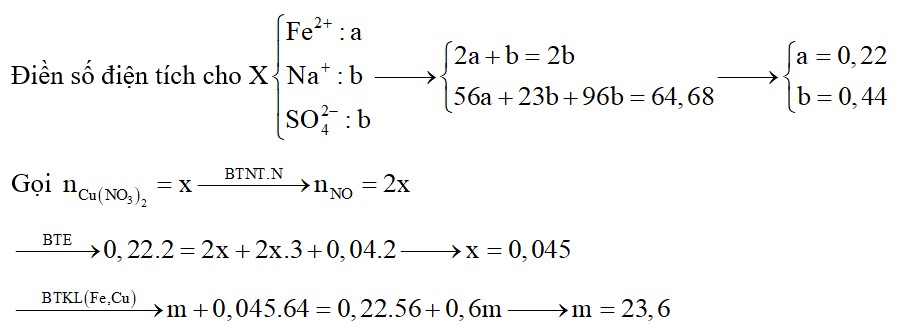 Cho m gam bột Fe vào dung dịch chứa Cu(NO3)2 và NaHSO4, kết thúc phản ứng, thấy thoát ra hỗn hợp khí