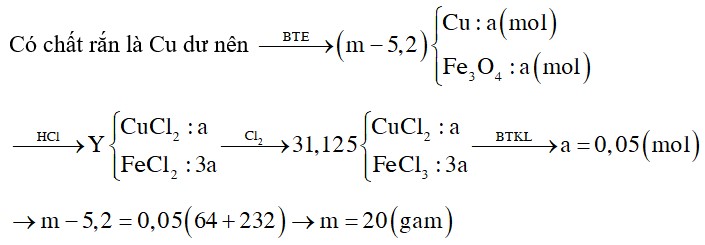 Cho m gam chất rắn X gồm Cu và Fe3O4 vào dung dịch HCl dư. Sauk hi phản ứng xong được dung dịch Y