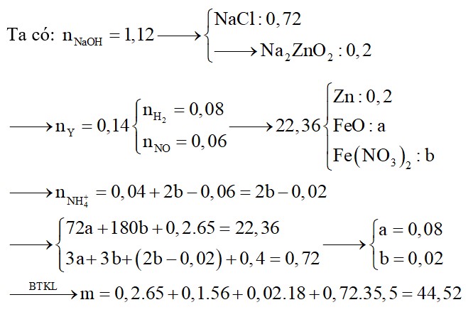 Hòa tan hoàn toàn 22,36 gam hỗn hợp gồm Zn, FeO, Fe(NO3)2, bằng dung dịch chứa 0,72 mol HCl 