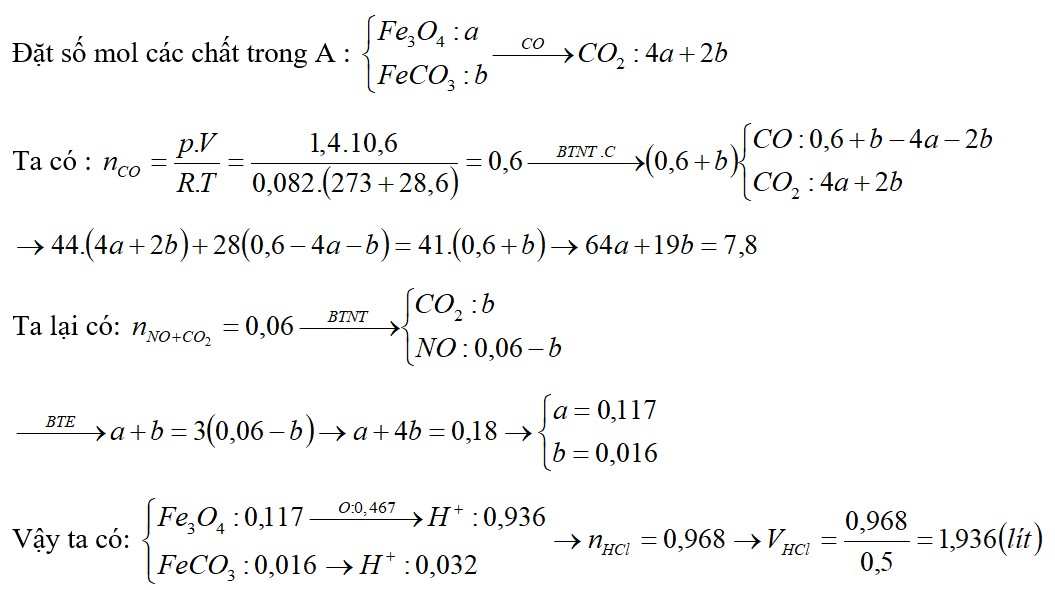 Trong bình kín dung tích 10,6 lít chứa khí CO và một lượng hỗn hợp A gồm Fe3O4 và FeCO3 ở 28,6oC