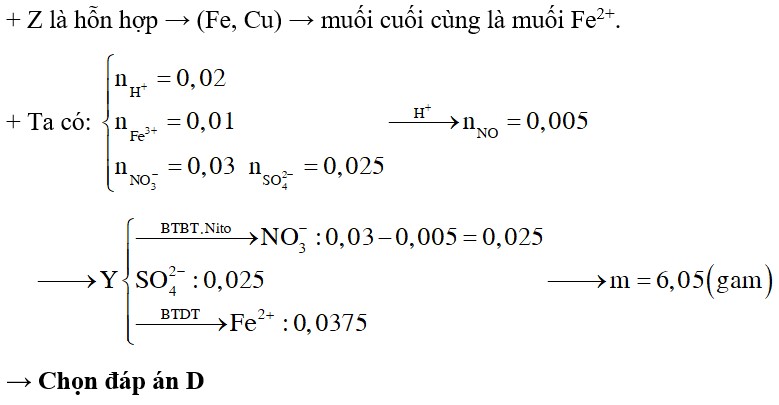 Cho 2,0 gam bột Fe vào 100ml dung dịch X chứa H2SO4 0,1 M; CuSO4 0,15 M, Fe(NO3)3 0,1 M