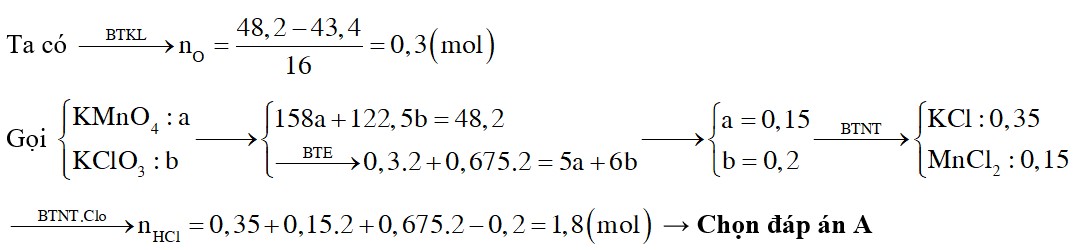 Đun nóng 48,2 gam hỗn hợp X gồm KMnO4 và KClO3, sau một thời gian thu được 43,4 gam