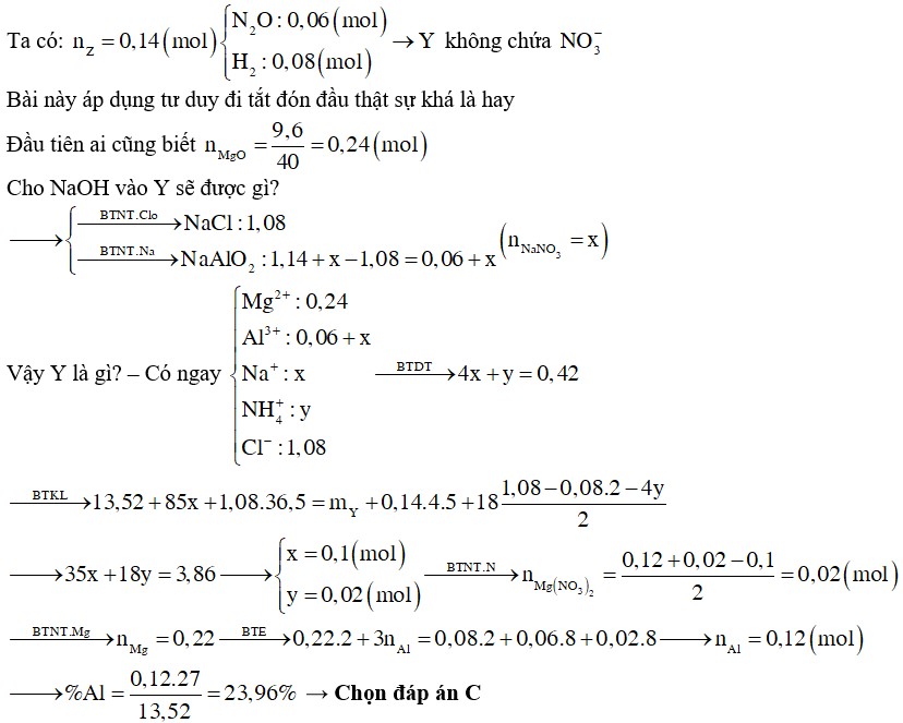 Hòa tan hết 13,52 gam hỗn hợp X gồm Mg(NO3)2, Al2O3, Mg và Al vào dung dịch NaNO3 và 1,08 mol HCl