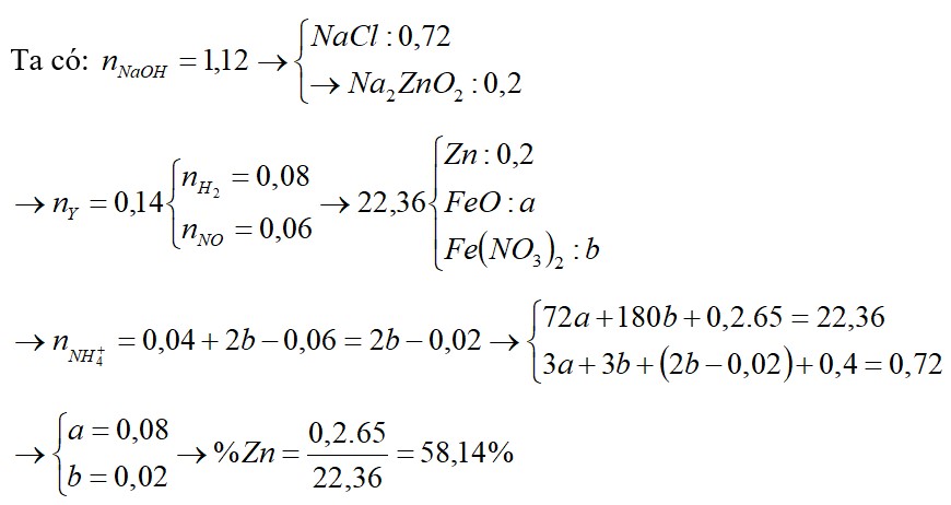 Hòa tan hoàn toàn 22,36 gam hỗn hợp E gồm Zn, FeO, Fe(NO3)2 bằng dung dịch chứa 0,72 mol HCI và 0,04 mol HNO3