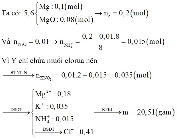 Cho 5,6 gam hỗn hợp X gồm Mg và MgO có tỉ lệ mol tương ứng là 5:4 tan vừa đủ trong dung dịch hỗn hợp chứa HCl và KNO3