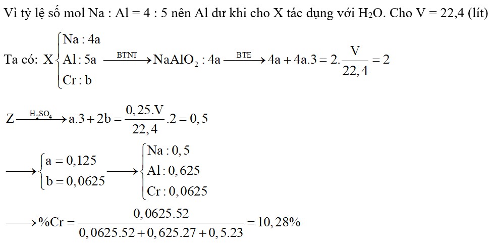 Một hỗn hợp X gồm Na, Al và Cr (với tỉ lệ mol Na và Al tương ứng là 4: 5) tác dụng với H2O dư