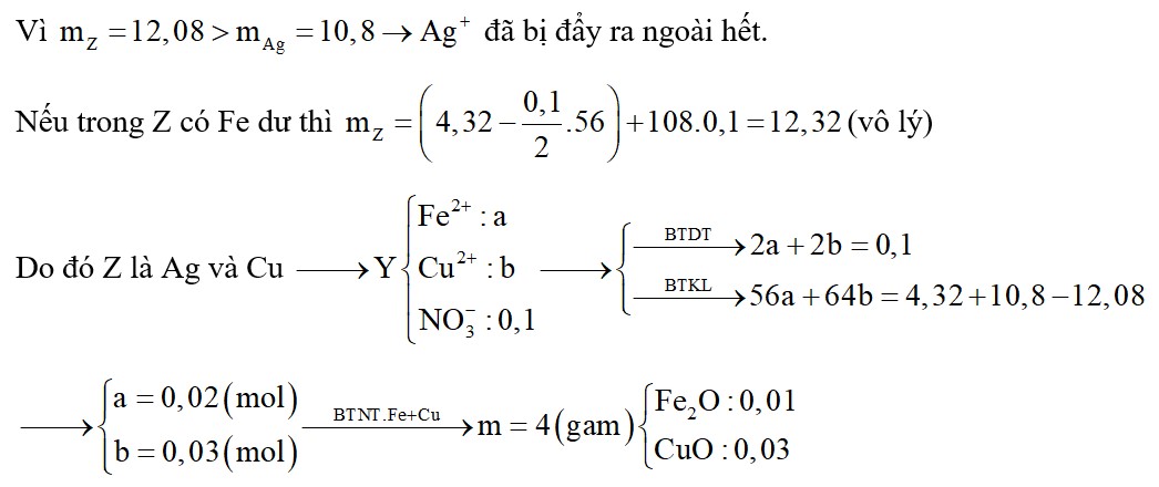 Cho 4,32 gam hỗn hợp X gồm Fe, Cu ở dạng bột vào 100 ml dung dịch AgNO3 1M thu được dung dịch Y