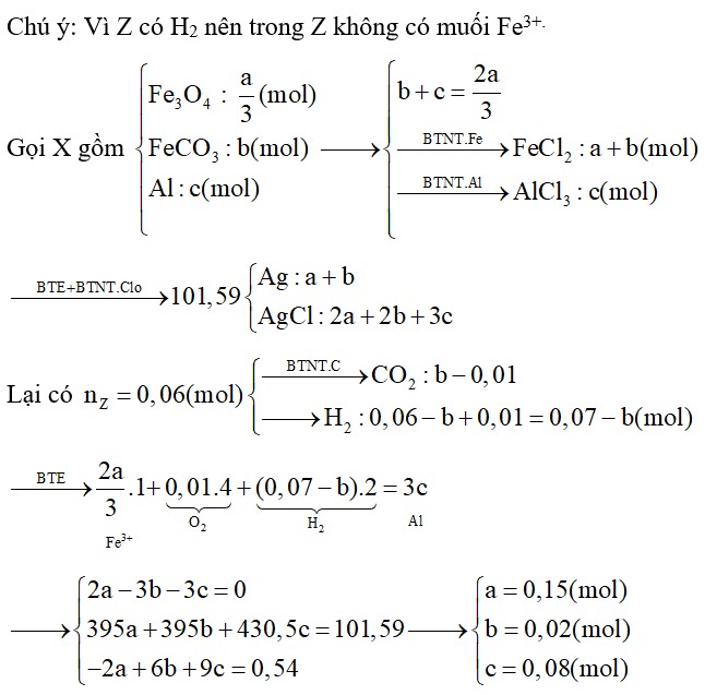 Cho a mol hỗn hợp rắn X chứa Fe3O4, FeCO3, Al (trong đó số mol của Fe3O4 là a/3 mol) tác dụng với 0,224 lít