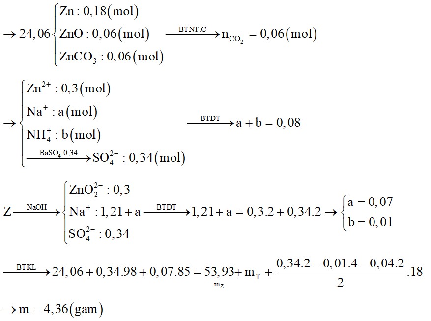 Cho 24,06 gam hỗn hợp X gồm Zn, ZnO và ZnCO3 có tỉ lệ số mol 3:1:1 theo thứ tự trên tan hoàn toàn trong