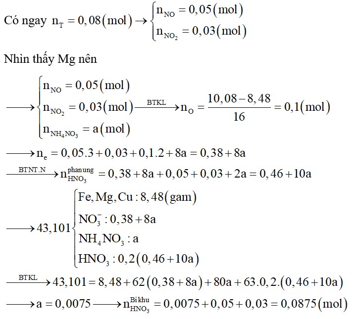 Cho 1 luồng khí O2 qua 8,48 gam hỗn hợp X gồm Fe, Mg, Cu sau một thời gian thu được 10,08 gam hỗn hợp