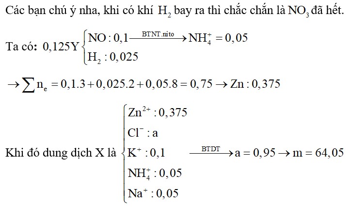 Cho Zn tới dư vào dung dịch gồm HCl; 0,05 mol NaNO3 và 0,1 mol KNO3. Sau khi kết thúc các phản ứng