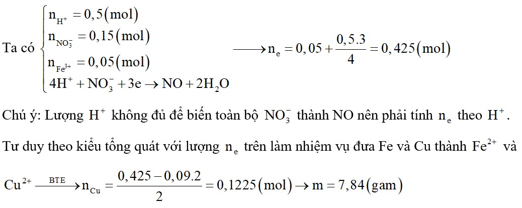 Cho hỗn hợp X gồm 0,09 mol Fe và 0,05 mol Fe(NO3)3 vào 500 ml dung dịch HCl 1M kết thúc phản ứng thu được dung dịch Y