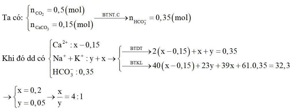 Hấp thụ hoàn toàn 11,2 lít CO2 (đktc) vào dung dịch chứa X mol Ca(OH)2; y mol NaOH và x mol KOH