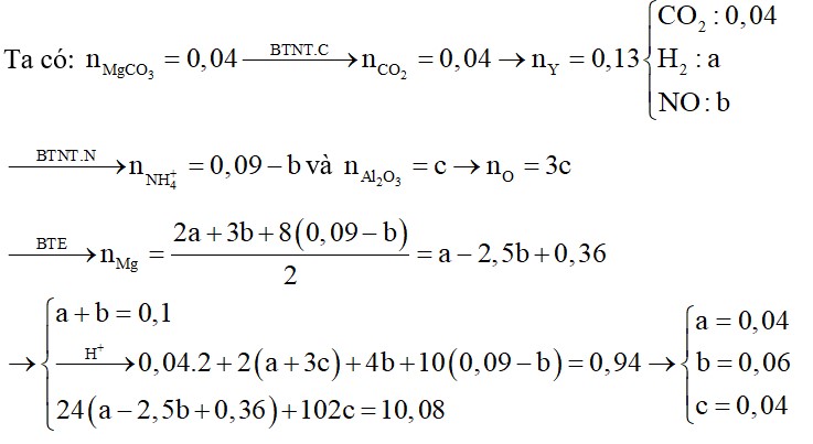 Hòa tan hết hỗn hợp E chứa 13,44 gam gồm Mg; Al2O3 và 0,04 mol MgCO3 trong dung dịch chứa 0,09 mol KNO3